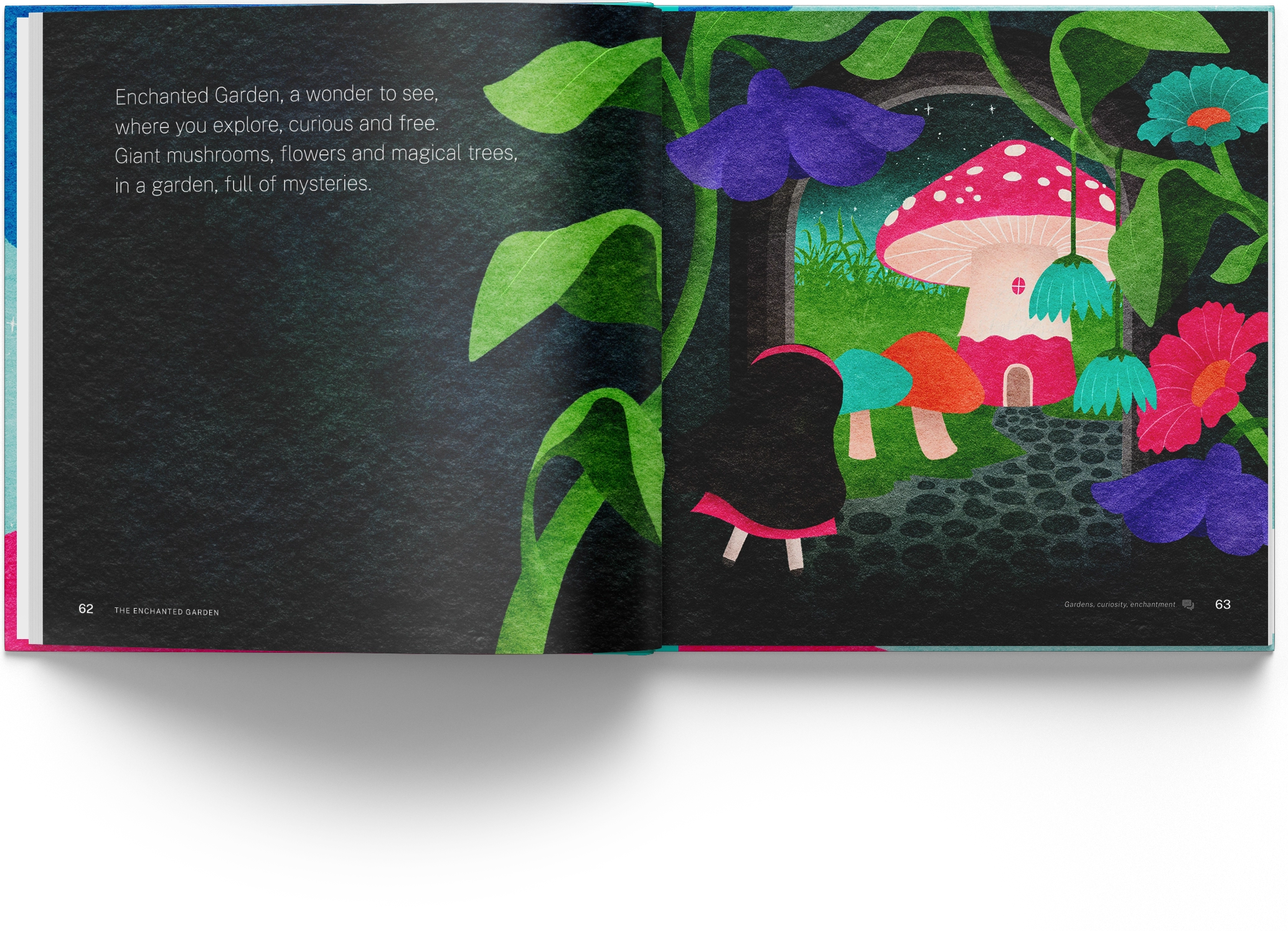 Beautifully illustrated book of a girl looking into an enchanted garden