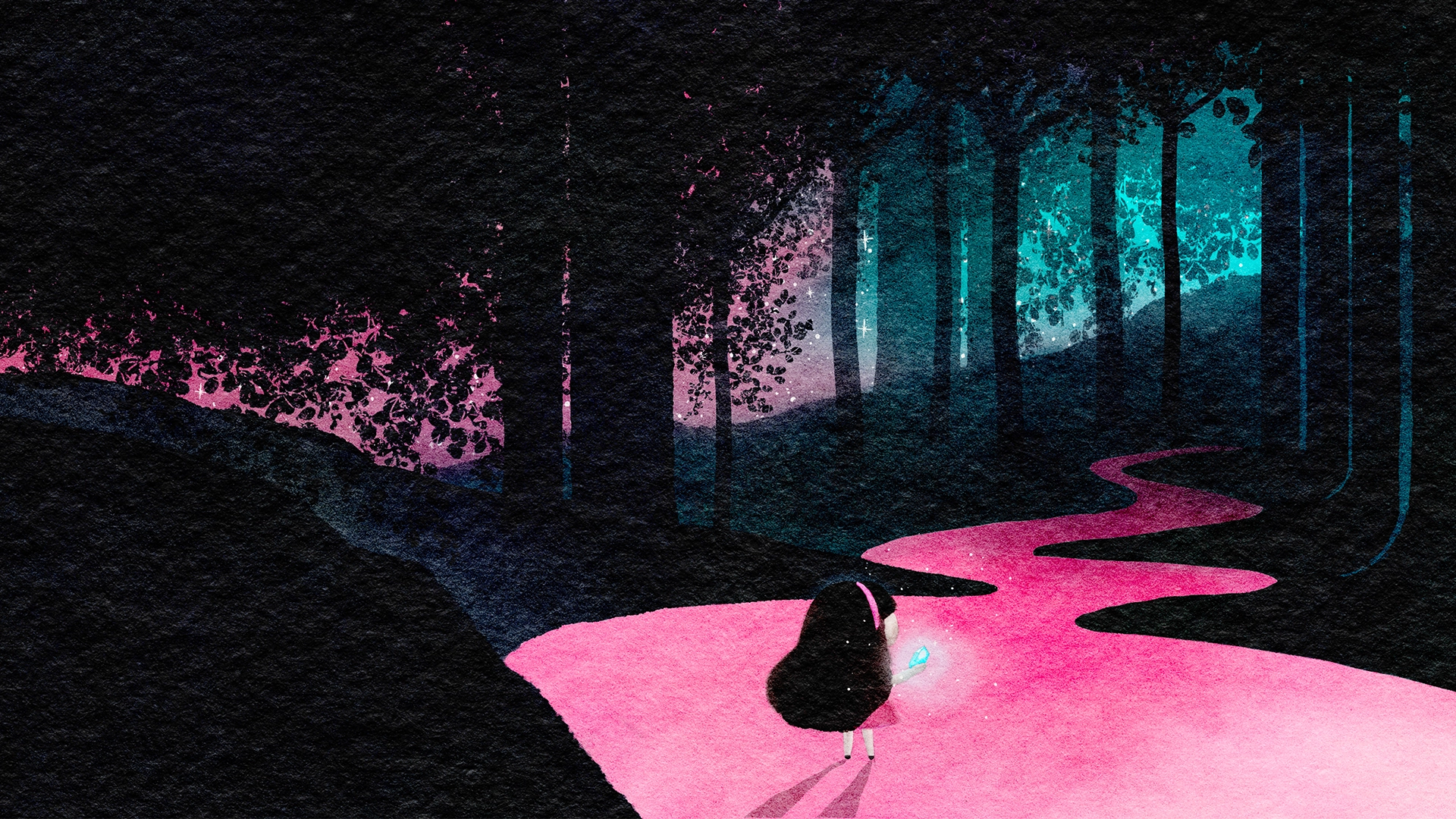 Beautiful illustration of a girl holding a crystal walking through a magical forest
